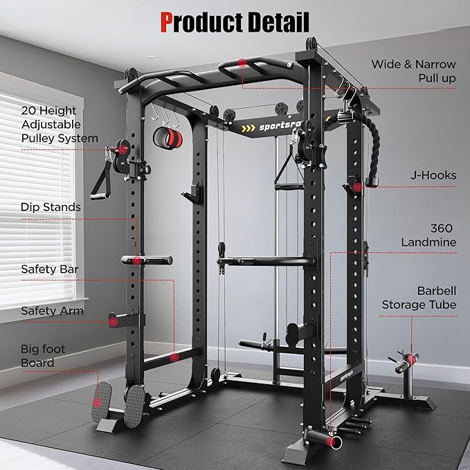 Sportsroyals Power Cage,1600lbs Multi-Function Power Rack with Adjustable Cable Crossover System and More Training Attachment, Weight Cage for Home Gym-StrideForce Fitness