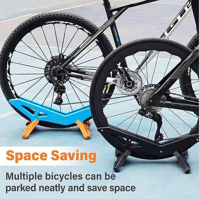 Adjustable Bike Parking Stand Fits 16-29 Inch Bicycles, Compatible with 23c-3.0 Tire Width – Heavy-Duty Plastic, Easy Installation, Stylish Two-Tone Design (Blue&Orange)-StrideForce Fitness