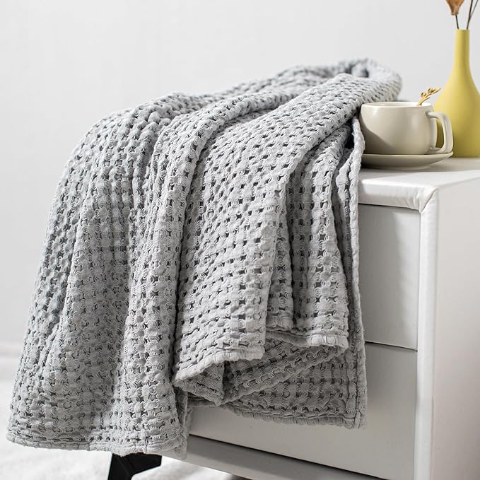 Carriediosa 100% Cotton Waffle Weave Blanket 400GSM Breathable Thermal Blankets for Bed Couch Sofa Soft and Cozy Throws for All Season Home Decor, 50"X 60" Light Grey-StrideForce Fitness