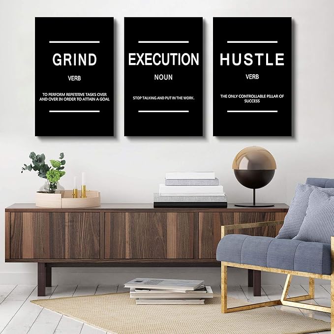 Framed Canvas Wall Art Success Quote, Office Wall Art, Black Large Poster, Positive Motivational Set of 3 Prints, Execute Failure Definition, Inspirational Print (B-3pcs,24x36inchx3pcs)-StrideForce Fitness