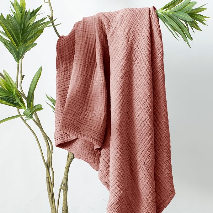 Carriediosa 100% Cotton Muslin Throw Blanket 66" X 90" Twin XL Size，4-Layers Summer Gauze Throws for Bed Couch，Soft Lightweight Breathable Linen Blankets Bedspread for Adults All Season，Mauve-StrideForce Fitness