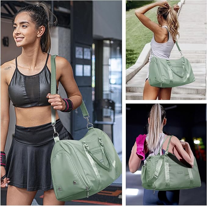 FIORETTO Womens Gym Tote Duffle Bag with Toiletry Bag, Sports Duffel Overnight Hospital Workout Carry on for Girls with Wet Pocket & Shoe Compartment, Ideal for Travel, Swimming, Celadon-StrideForce Fitness