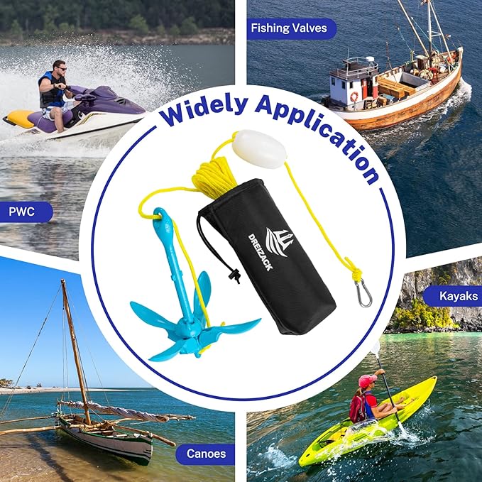 Dreizack Kayak Anchor Kit, 3.5 lb Folding Grapnel Boat Anchor Trolley Accessories with 40ft Rope and PVC Buoy for Fishing Kayaks SUP Paddle Boards Canoes Jet Ski PWC Inflatable Small Boats-StrideForce Fitness