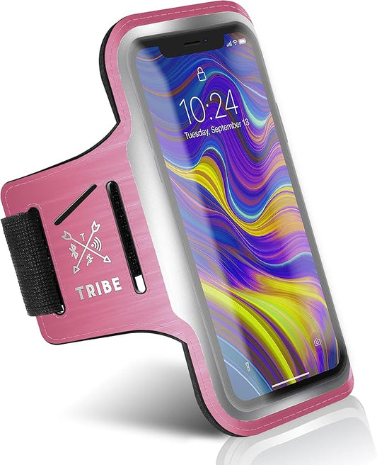 TRIBE Running Phone Holder Armband. iPhone & Galaxy Cell Phone Sports Arm Bands for Women, Men, Runners, Jogging, Walking, Exercise & Gym Workout. Fits All Smartphones. Adjustable Strap, CC/Key Pocket-StrideForce Fitness