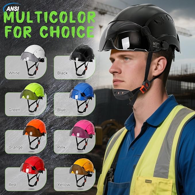 Aolamegs Construction Hard Hats for Adults - Hard Hats Construction OSHA Approved with Smoke Visor for Men Women, ANSI Z89.1 Vented Safety Helmet, Hard Hat with Chin Strap,6 Point Suspension （Black-StrideForce Fitness