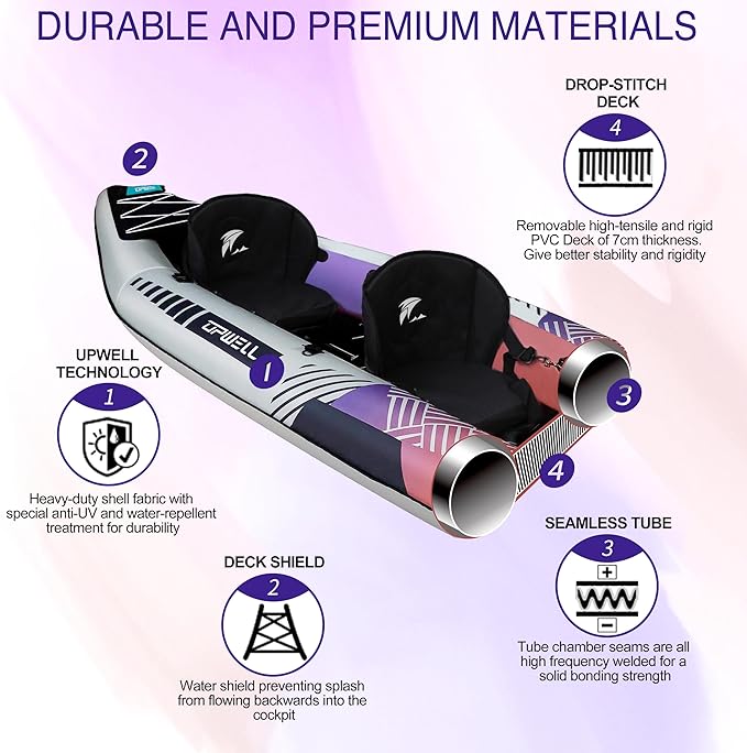 UPWELL 13'6”/11' Inflatable Recreational Kayak - 2 Person with Drop Stitch Floor and Accessories Including Kayak Seats with High Back Support, Paddle, Fin, Repair Kits, Carry Bag and Hand Pump-StrideForce Fitness