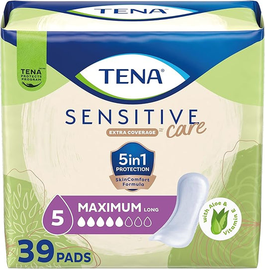 TENA Sensitive Care Maximum Absorbency Incontinence Pads for Women, Bladder Control Pad, Long Length, 39 Count (Packaging May Vary)