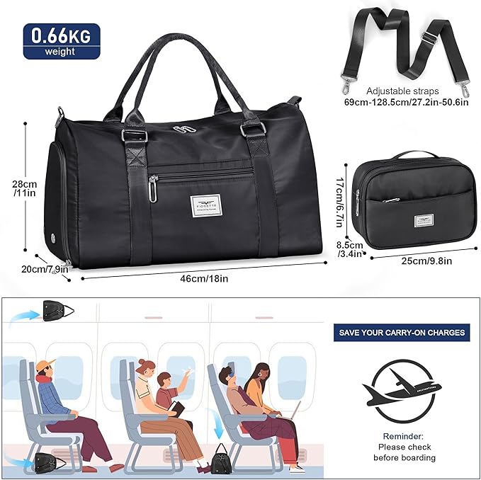 FIORETTO Womens Gym Tote Duffle Bag with Toiletry Bag, Sports Duffel Overnight Hospital Workout Carry on Bag for Girls with Wet Pocket & Shoe Compartment, Ideal for Travel, Swimming, Dance Black-StrideForce Fitness