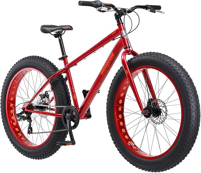 Mongoose Aztec Mens and Womens Fat Tire Bike, 18-Inch Steel Frame, 26-Inch Wheels, 4-Inch knobby tires, Red-StrideForce Fitness