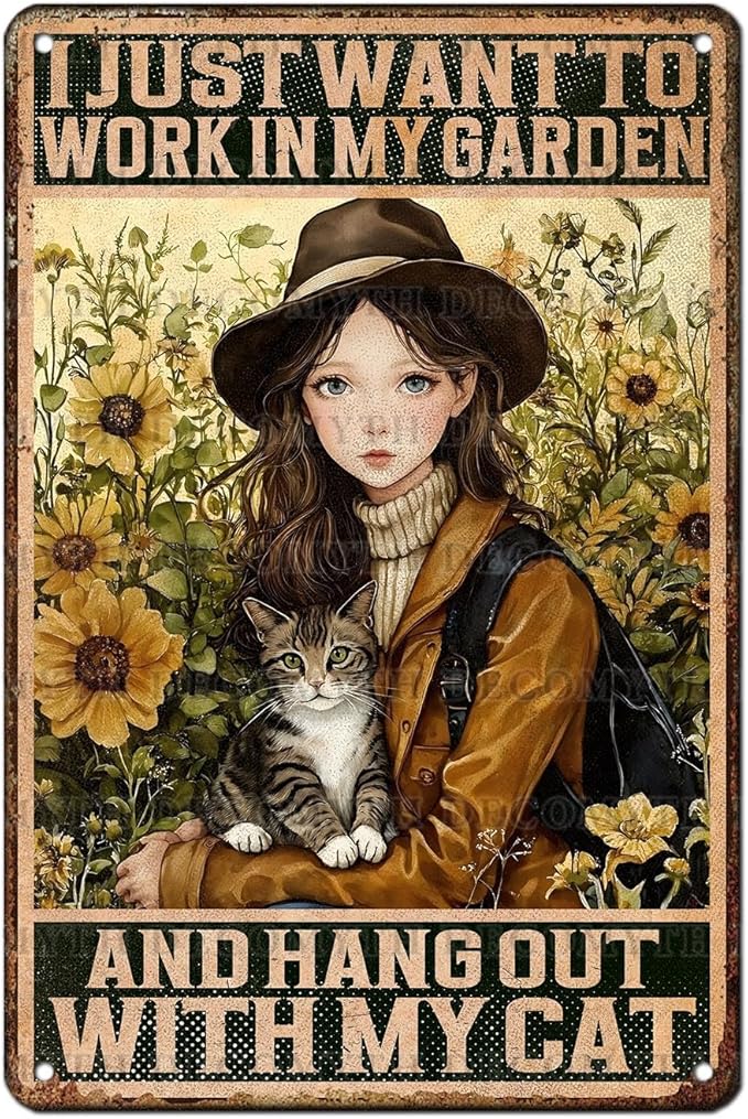 Cat Garden Vintage Tin Sign I Just Want To Work In My Garden and Hang Out With My Cat Retro Metal Tin Sign Sunflower Decor for Home Fence Porch Room Wall Decor Poster 12 * 8inch-StrideForce Fitness