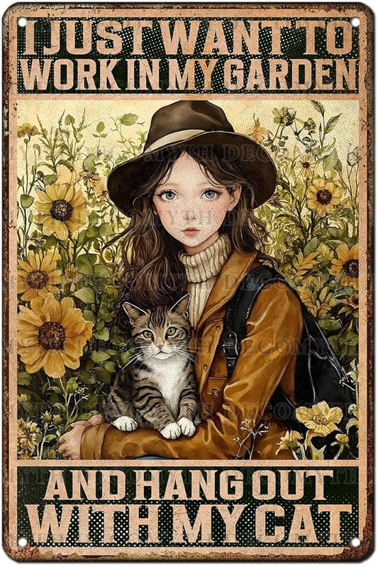 Cat Garden Vintage Tin Sign I Just Want To Work In My Garden and Hang Out With My Cat Retro Metal Tin Sign Sunflower Decor for Home Fence Porch Room Wall Decor Poster 12 * 8inch-StrideForce Fitness
