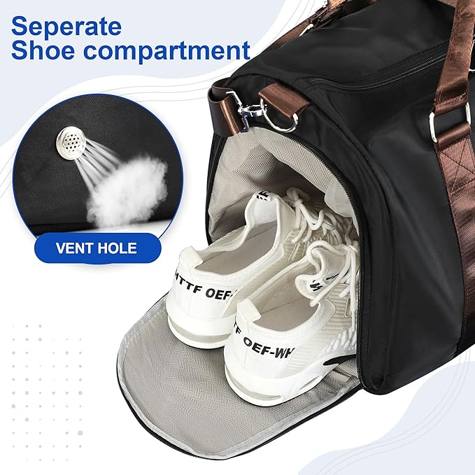 FIORETTO Womens Gym Tote Duffle Bag with Wet Pocket & Shoe Compartment, Sports Duffel Overnight Weekender Hospital Workout Carry on Bag for Girls, Ideal for Travel, Swimming, Dance, Ballet Black-StrideForce Fitness