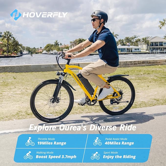 HOVERFLY OUREA 26" Electric Bike for Adults, 750W Peak Motor Mountain Ebike, 20MPH Up to 40 Miles, UL2849 Certified, 7-Speed, Removable Battery, Shock Absorber, Fat Tire Commuter E-Bike-StrideForce Fitness