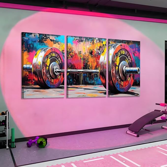sawjug Gym Barbell Wall Decor, Colorful Graffiti Canvas Wall Art, Gym Motivational Wall Art, Colorful Pictures Wall Decor, Wall Painting for Living Room, Bedroom (16" x 24" x 3 pcs)-StrideForce Fitness