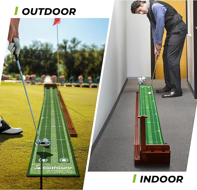 Golfguru Putting Green, 9.8ft Golf Putting Mat with Automatic Ball Return Track & Putting Mirror, Indoor Putting Greens for Home with Thickened Wrinkle-Free Crystal Velvet, Golf Accessories for Men-StrideForce Fitness