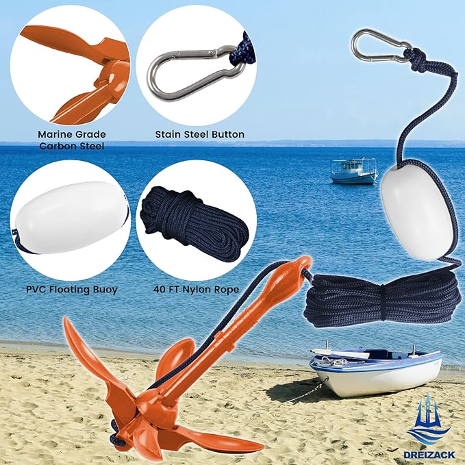 Dreizack Kayak Anchor Kit, 3.5 lb Folding Grapnel Boat Anchor Trolley Accessories with 40ft Rope and PVC Buoy for Fishing Kayaks SUP Paddle Boards Canoes Jet Ski PWC Inflatable Small Boats-StrideForce Fitness