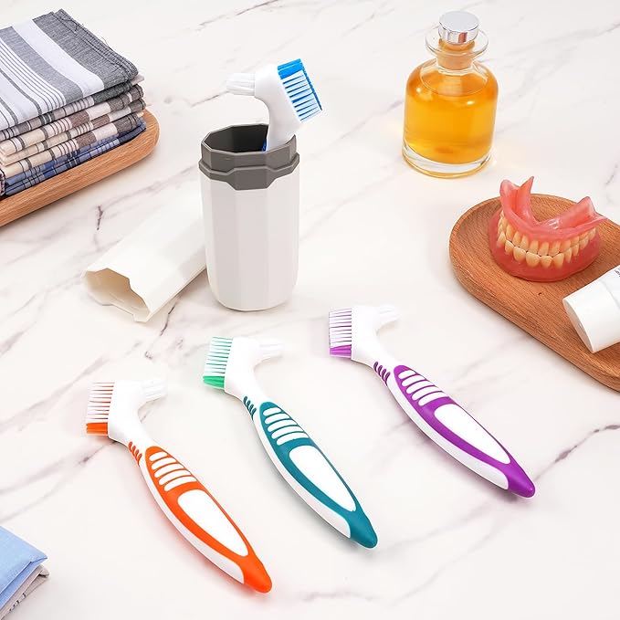 4 Pcs Denture Brush Set for False Teeth with White Carrying Case, Denture Toothbrushes with Double Sided Design, Dental Brush with Multi-Layered Soft Bristles and Rubber Anti-Slip Handle, 4 Colors