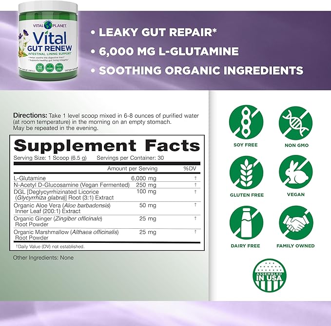 Vital Planet - Vital Gut Renew Powder Supplement for Leaky Gut Repair with L-Glutamine, Marshmallow and Ginger Root, DGL Licorice Root and Organic Aloe Vera, L Glutamine 6000mg 6.88 oz-StrideForce Fitness