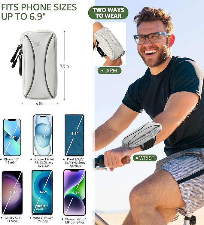 HiRui Arm Bag & Wrist Bag Phone Holder, Sports Running Armband for Gym, Cycling & Workout, Compatible with iPhone 16/15/14 Series, Samsung Galaxy & More, Reflective, Adjustable, Secure Fit (Gray)-StrideForce Fitness