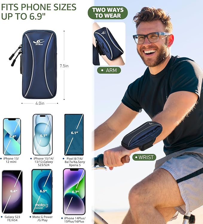 HiRui Arm Bag & Wrist Bag Phone Holder, Sports Running Armband for Gym, Cycling & Workout, Compatible with iPhone 16/15/14 Series, Samsung Galaxy & More, Reflective, Adjustable, Secure Fit (Blue)-StrideForce Fitness