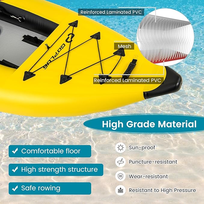 Goplus Inflatable Kayak, 2-Person Kayak Set for Adults with 507 LBS Weight Capacity, 2 Aluminium Oars, EVA Padded Seat, 2 Fins, Hand Pump, Carry Bag, Repair Kit, Portable Touring Kayaks-StrideForce Fitness