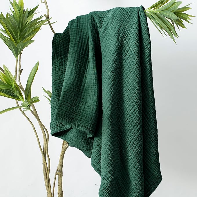 Carriediosa 100% Cotton Muslin Throw Blanket 50" X 70" Throw XL Size，4-Layers Summer Gauze Throws for Bed Couch，Soft Lightweight Breathable Linen Blankets Bedspread for Adults All Season，Dark Green-StrideForce Fitness