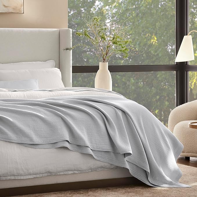 BOLL & BRANCH Dream Bed Blanket - King/Cal King, Sky - Luxury 100% Organic Cotton - Soft, Lightweight and Breathable - Cloud-Like Touch-StrideForce Fitness