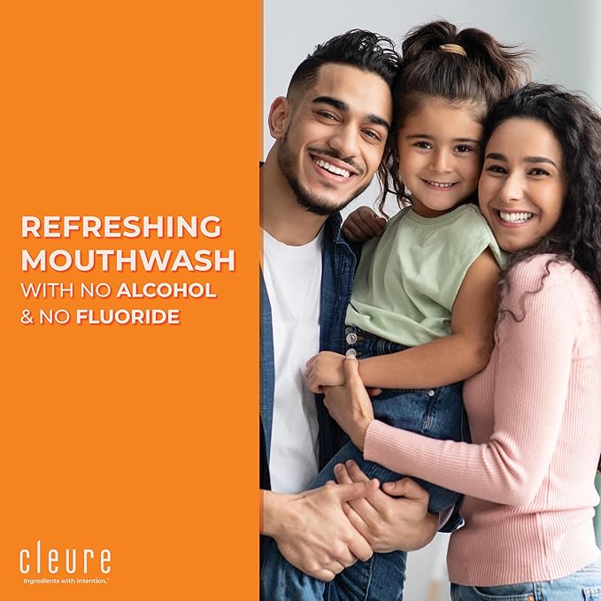 Cleure Alcohol Free Mouthwash with Xylitol & Baking Soda - Gentle Fluoride Free Mouth Wash for Adults & Kids - Cinnamon (16 oz, Pack of 1)