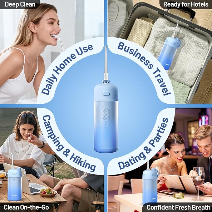 Water Flosser for Orthodontics Teeth Cleaning - Portable Electric Oral Irrigator Pick for Braces, Travel, Kids, with 3 Modes 8 Pressure Settings, 8 Tips, 150ML, IPX7, Gradient Blue