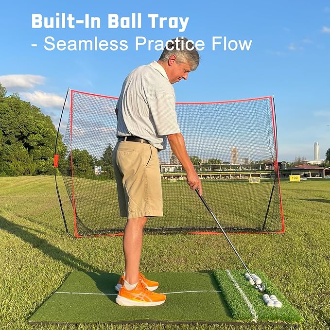 Dual-Turf 45/50MM Golf Hitting Mat, Built-in Ball Tray, Alignment Aid, Golf Mat Practice Outdoor & Indoor, Driving Chipping Putting in Backyard Garage Basement, Gift for Men Dad Golfer-StrideForce Fitness