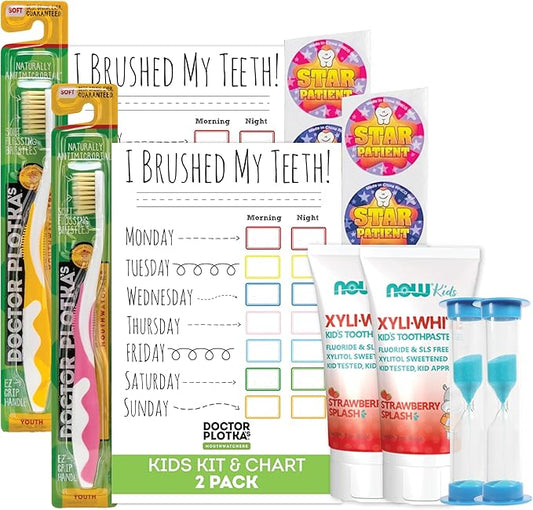 MOUTHWATCHERS Soft Kids Toothbrush, 2 Manual Flossing Toothbrushes and 2 Strawberry, Organic, SLS Free, Fluoride Free Toothpastes, 3 oz, Gift Set, by Dr. Plotka's