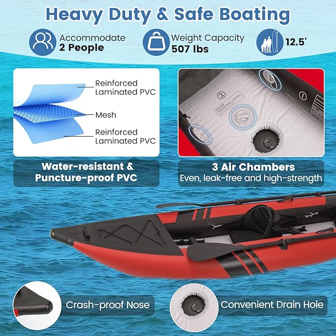 S AFSTAR Inflatable Kayak, 2 Person Canoe with 507 lbs Capacity, Drop-Stitch Floor, All Accessories & Carry Bag, 12.5 ft Large Sit in Tandem Kayak for Fishing, Camping & Exploring for Adults-StrideForce Fitness