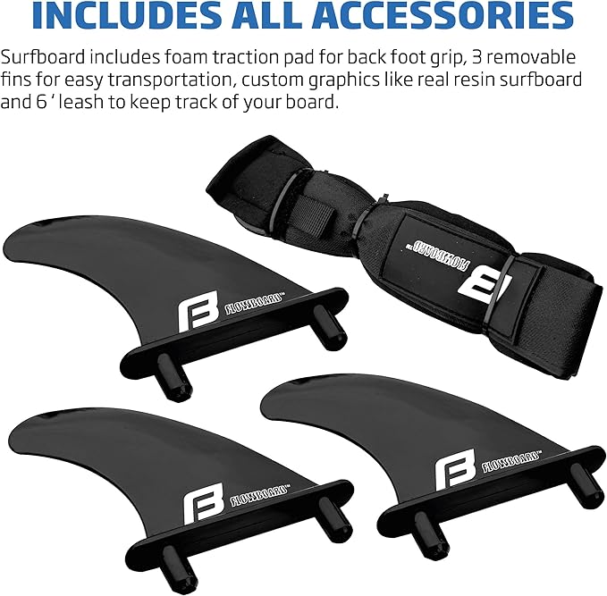 FLOWBOARD Surfboard Softboard Foam - Include (3) Fins 6’ Foot Leash and (2) Wood Stringers Inside Board Availalable in 6' and 7' Short Board and 8' Longboard-StrideForce Fitness