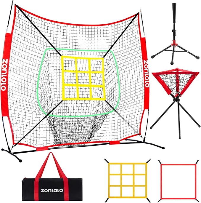 6x6ft Portable Baseball & Softball Net for Hitting，Pitching and Throwing, with Sturdy Bow Frame,Battting Tee,Ball Caddy and 2 Strike Zones, Perfect Pitching net for Kids!-StrideForce Fitness