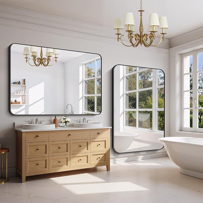 FORBATH Large Bathroom Mirror 60" x 40", Black Rectangle Metal Framed Rounded Corner Wide Wall Mounted Mirror for Bathroom Bedroom Entryway Decor(Horizontal/Vertical)-StrideForce Fitness