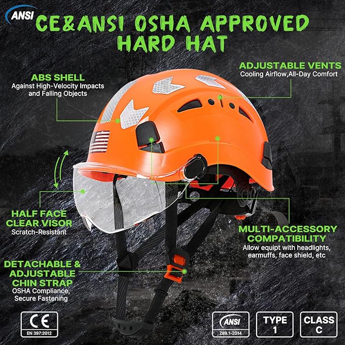AOLAMEGS Construction Safety Hard Hat - ANSI Z89.1 Type Ι OSHA Approved Safety Helmets with Chin Straps Lightweight Reflective Vented ABS Hard Hats For Men Women Industrial Workwear 6-point Suspension-StrideForce Fitness