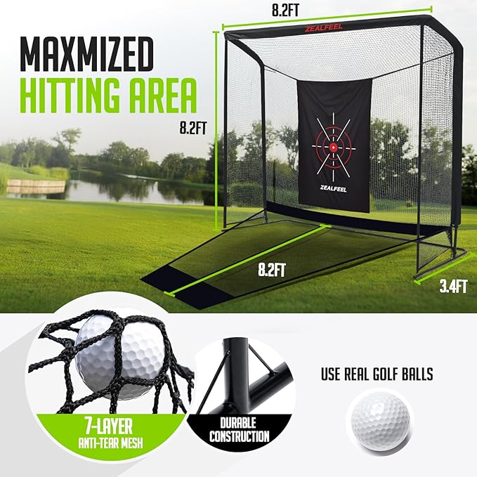 Golf Net, 10x7ft/8x8ft Golf Enclosure Net with Side Barriers/Auto-Ball Return, Low-Noise Target, Carry Bag, 4 Stakes, Hitting Practice Net for Backyard Driving Chipping Indoor Outdoor Use-StrideForce Fitness