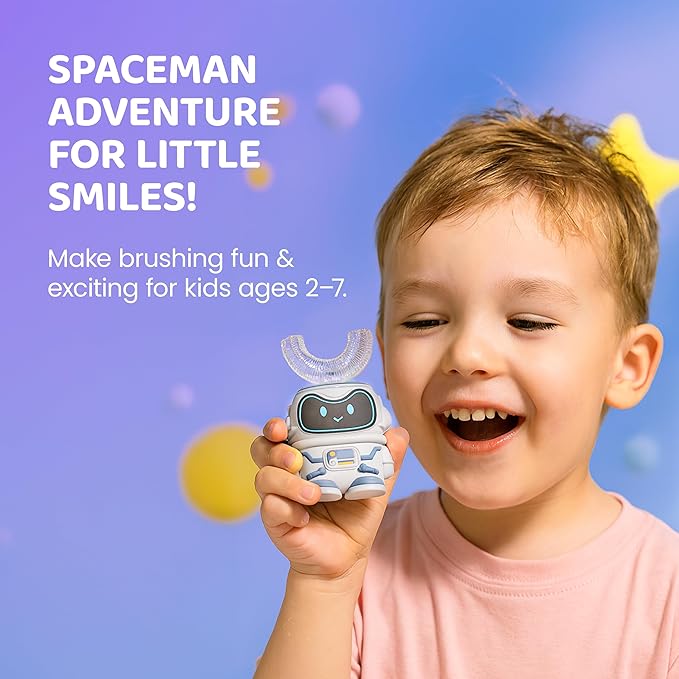 Well Before Kids U Shaped Electric Toothbrush with 5 Brush Heads, Ultrasonic, 5 Modes, IPX7 Waterproof Design (Spaceman, Grey Ages 2-7)