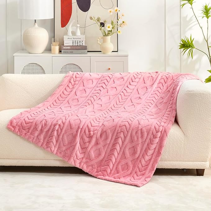 Cozy Bliss Faux Fur Throw Blanket for Couch, Jacquard Fuzzy Plush Soft Thick Winter Throw Blanket for Sofa Bed Living Room Bedroom, 50 * 60 Inches Hot Pink-StrideForce Fitness