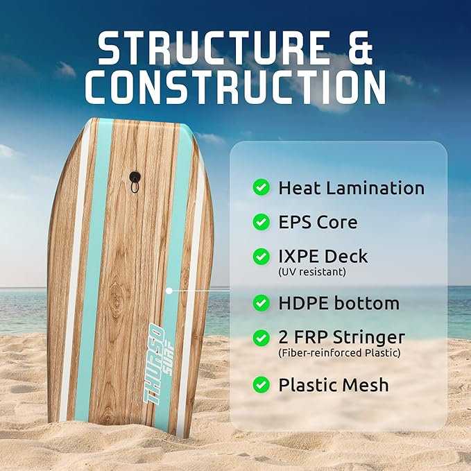 THURSO SURF Quill 42'' Bodyboard Lightweight Durable EPS Core IXPE Deck HDPE Slick Bottom FRP Stringer Crescent Tail Dual Channel Plastic Mesh with Double Stainless Steel Swivel Coiled Wrist Leash-StrideForce Fitness