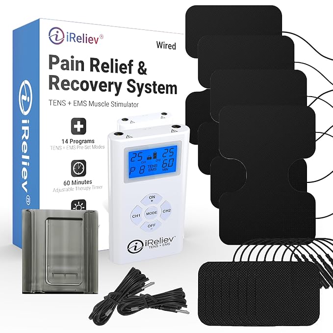 iReliev TENS + EMS Combination Unit Muscle Stimulator for Pain Relief, Arthritis, Muscle Strength - Treats Tired, Sore Muscles in Your Shoulders, Back, Ab's, Legs, Knee's, More-StrideForce Fitness