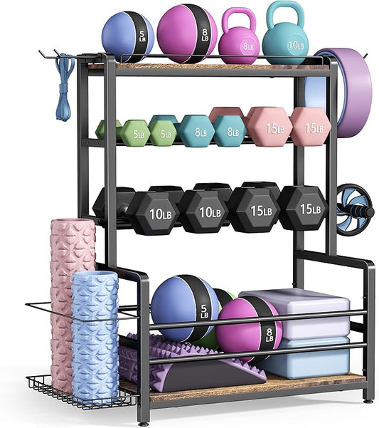 Gym Home Equipment Weight Rack – 3‑Tier Workout Storage Stand for Dumbbells & Kettlebells, Medicine Ball Holder, 460 lb Steel Organizer with Yoga Mat Basket, Hooks, Adjustable Feet, 24 x 16 in-StrideForce Fitness