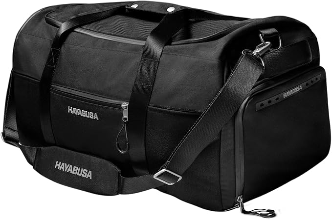 Hayabusa Airstream Athletic Duffle Gym Bag for Women and Men - Black, 50l duffle bag - 7 zippered Pockets, Good for travel, Boxing, MMA, BJJ, kickboxing, Muay Thai, wrestling, Glove/Shoe Compartment-StrideForce Fitness