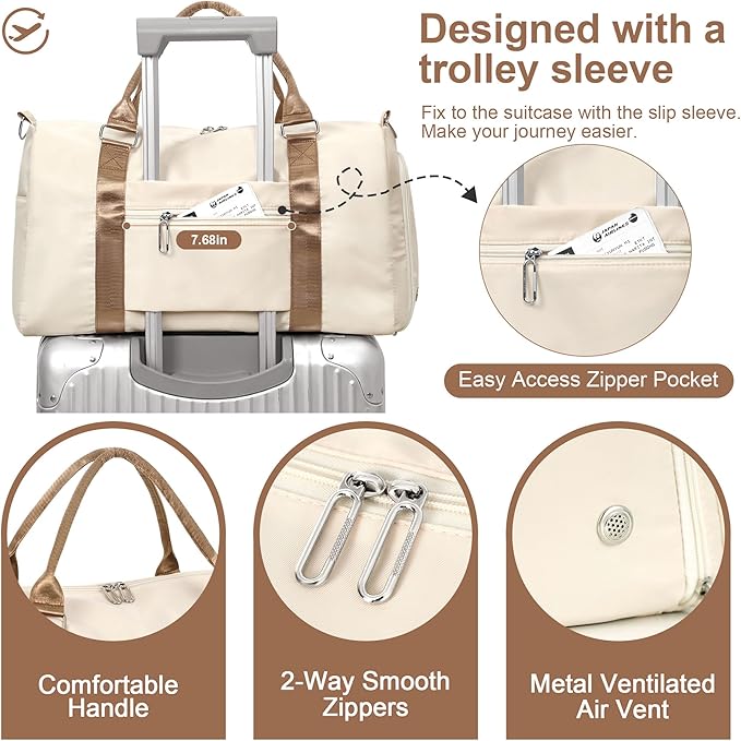 FIORETTO Womens Gym Tote Duffle Bag with Wet Pocket & Shoe Compartment, Sports Duffel Overnight Weekender Hospital Workout Carry on Bag for Girls, Ideal for Travel, Swimming, Dance, Ballet Beige-StrideForce Fitness