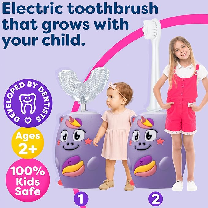 Trueocity Kids U Shape Toothbrush Auto Electric Toddler Rechargeable Kids Automatic Toothbrush | 360° U-Shaped Silicone Brush Head | Gentle Cleaning for Ages 2–7 | Unicorn Design (Purple)