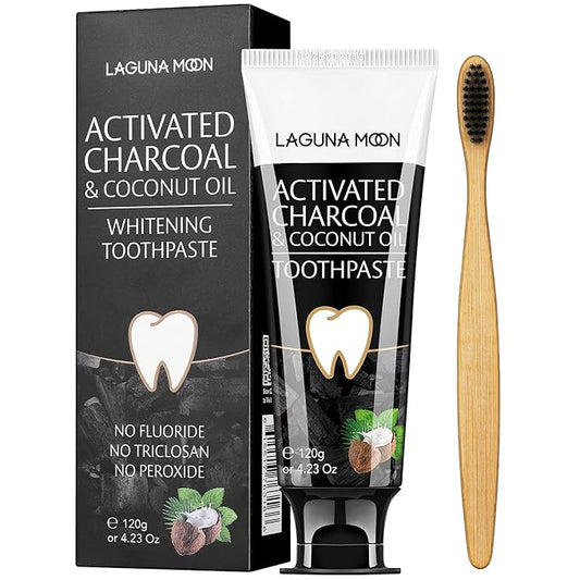 Lagunamoon Whitening Charcoal Toothpaste for Sensitive Teeth, Enamel Repair, Cavity Protection - Natural Toothpaste for Whitening, Removing Stains, Mint Flavor Freshen Breath Mint Gel - No Peroxide