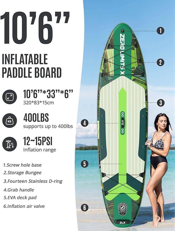 ZLX Inflatable Stand Up Paddle Board, 10'6" SUP Non-Slip Stable Deck Pad, Unique Center Fin, Premium Accessories, Portable Paddleboard for Adults, Beginners, All Skill Levels-StrideForce Fitness