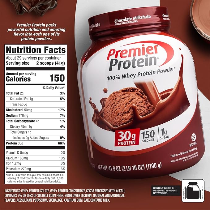 Premier Protein Protein Powder, 30g Protein, 1g Sugar, No Soy Ingredients, Gluten Free, Chocolate Milkshake, 29 Servings, 41.9oz-StrideForce Fitness