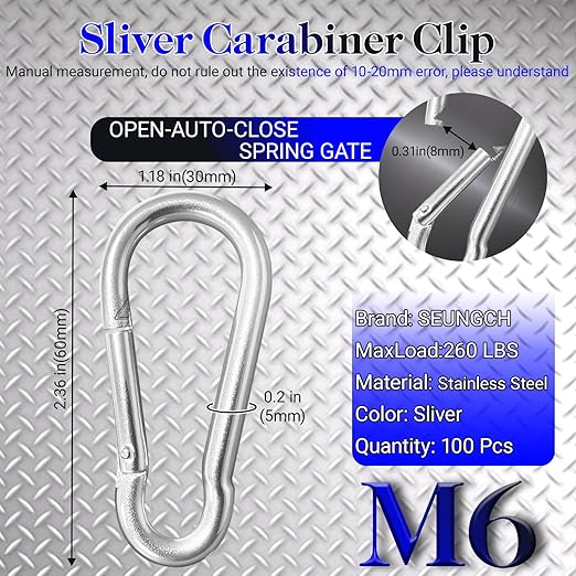 100Pcs 2.36" Sliver Carabiners Clip, M6 Galvanized Steel Small Spring Snap Hook, Keychain Clip, Quick Link Key Chain for Hammock Swing Set Outdoor Travel, Camping, Fishing, Hiking-StrideForce Fitness
