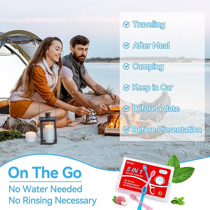 Erinde 5 in 1 Mini Disposable Toothbrushes with Toothpaste + Tongue Scraper + Picks + Floss Travel Case, Prepasted Travel Toothbrushes Pick for Work or Travel, Soft Brushes, 12 Count (Green Tea)